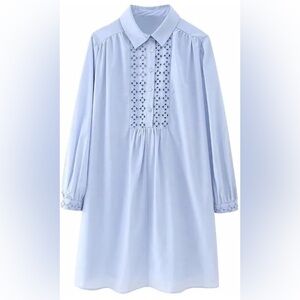 ZARA Solid Embroidery Single Breasted Casual Loose Elegant Mini Dress Shirt